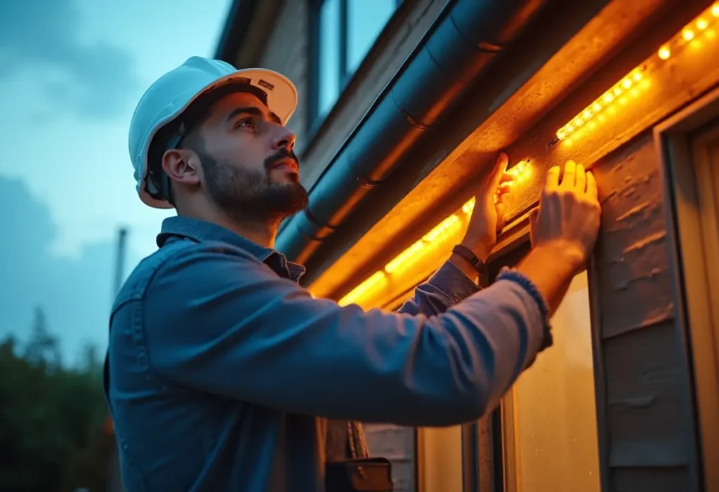 A person wearing a white hard hat and blue shirt installs orange strip lights under the eaves of The Hayloft at dusk. The lighting casts a warm glow on the exterior, enhancing its rustic charm. In the background, an overcast sky looms above silhouetted trees.