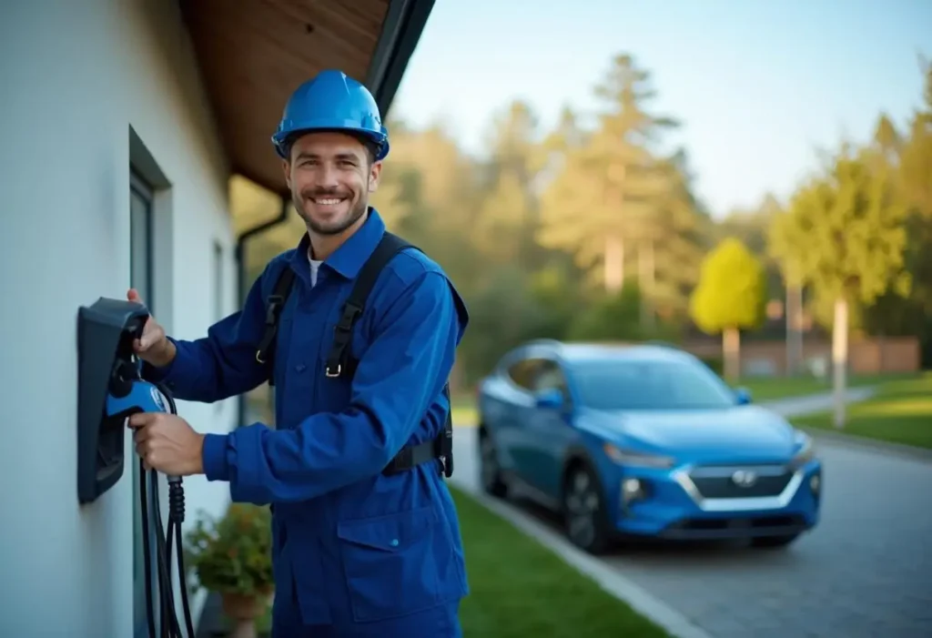 A person in a blue uniform and hard hat smiles while plugging an electric car into a wall-mounted charger outside a house. A blue car is parked nearby on a driveway lined with green trees and grass under a clear sky.