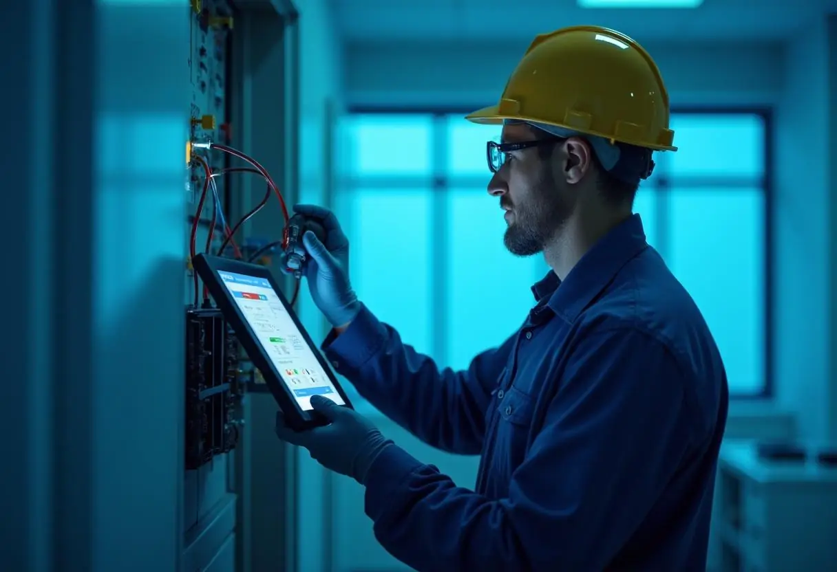 A man wearing a yellow hard hat and blue gloves uses a tablet while inspecting electrical installations in a dimly lit room. Focused on the task, he navigates through wires and screens visible on the equipment, ensuring everything is in perfect order.