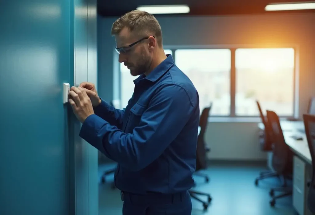 About Us 19 A man wearing glasses and a blue jumpsuit adjusts a thermostat on a wall in a modern office. Soft sunlight enters through large windows, illuminating several unoccupied desks and chairs in the background.