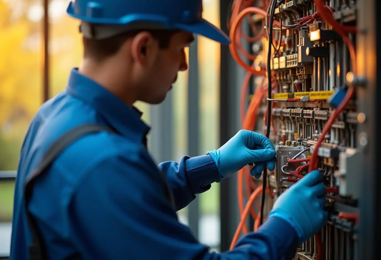 A person wearing a blue hard hat and gloves is meticulously fault-finding while adjusting wires on an electrical panel. The individual is focused on their task, surrounded by a tangle of colorful cables and various components in a well-lit environment.