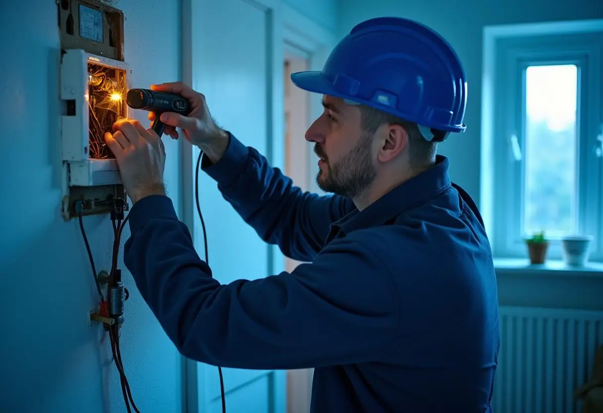 A man in a blue hard hat and work uniform uses a flashlight to inspect a malfunctioning electrical panel. Focused on the intricate electrical installations, he works in a dimly lit room with a window and radiator visible in the background.