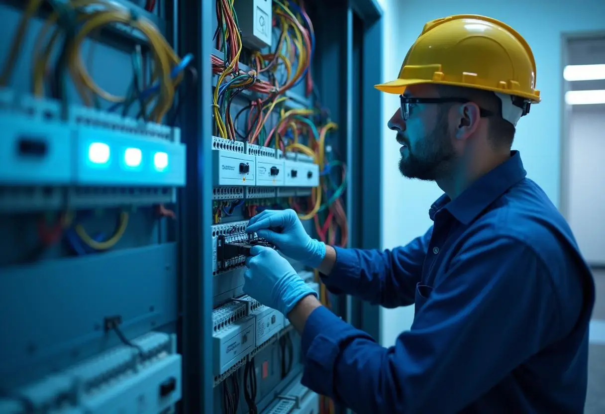 A man wearing a yellow hard hat and safety glasses is focusing intently on electrical rewiring, adjusting components amidst colorful wires in the dimly lit room. Dressed in a blue shirt and gloves, he meticulously works on the electrical panels.
