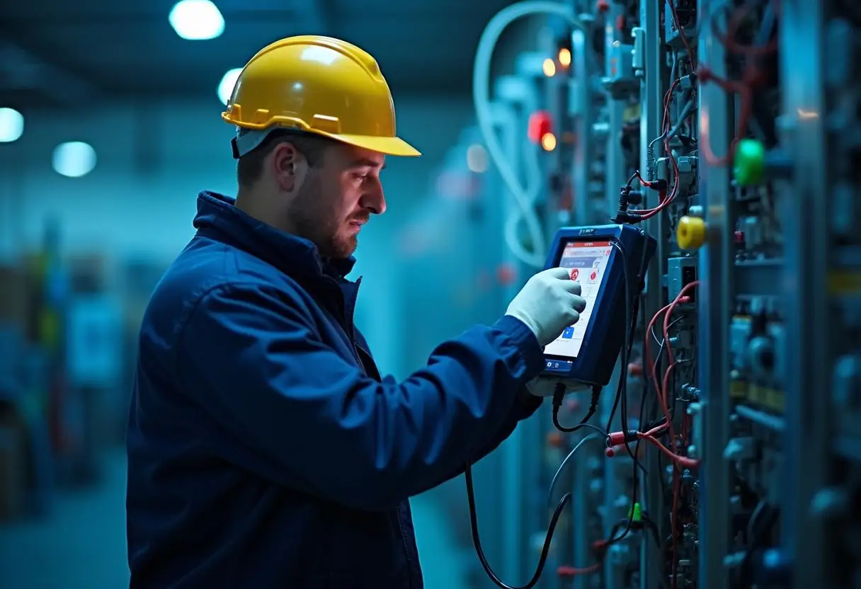 A technician wearing a yellow hard hat and dark blue jacket conducts electrical testing using a handheld device to inspect a complex panel of wires and circuits. In the industrial environment, dim lighting accentuates the intricate details of the panel.