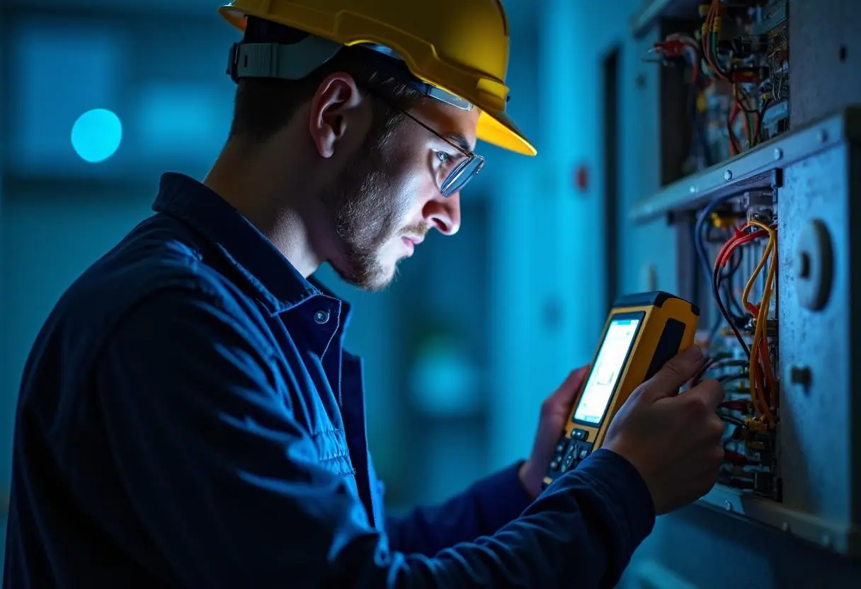 A technician wearing a yellow hard hat and safety glasses skillfully engages in fault finding with a handheld device to inspect electrical equipment in a dimly lit environment. The array of wires and components is illuminated by the device's brightly glowing screen.
