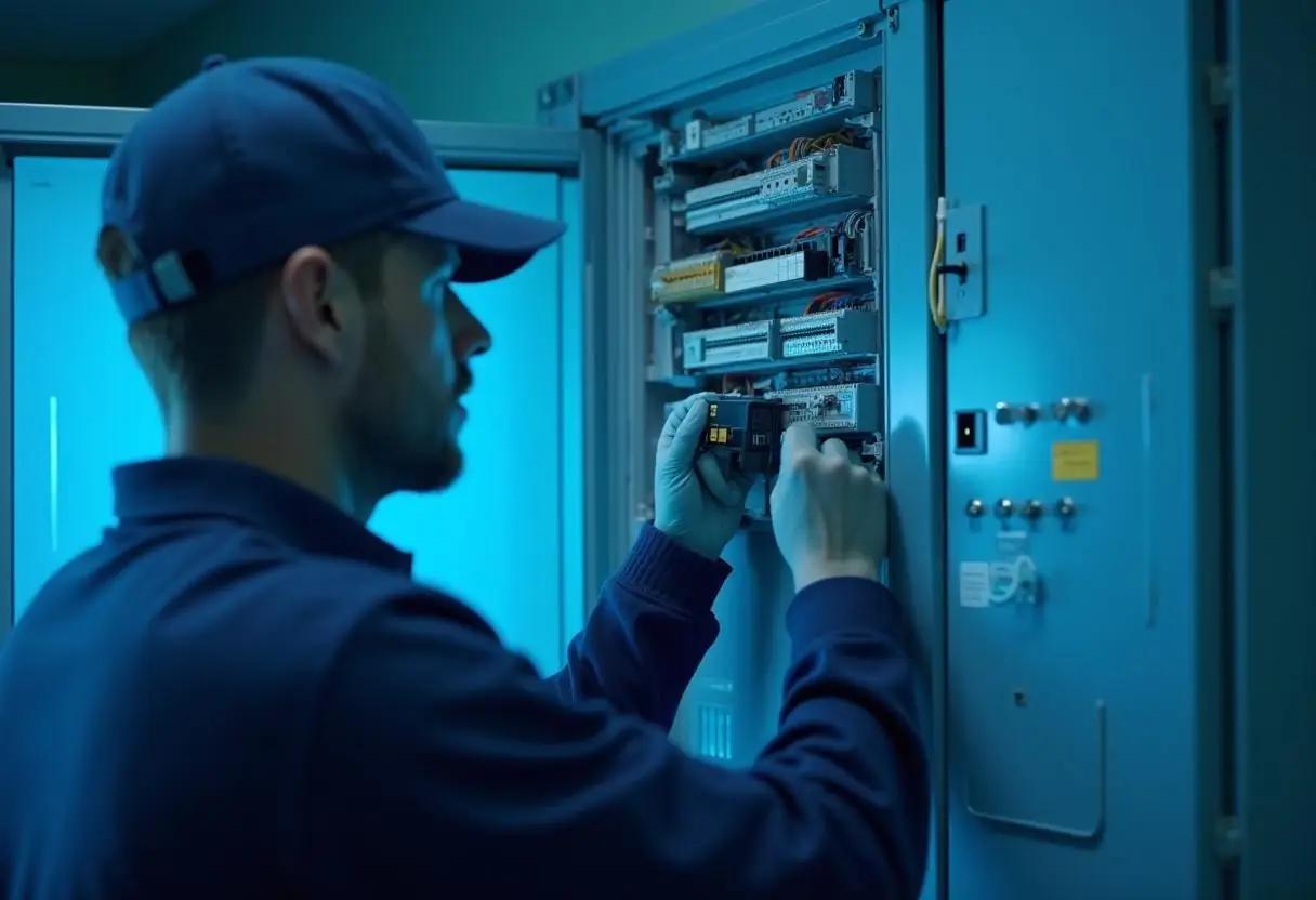 A technician wearing a cap and gloves meticulously works on electrical components inside a blue-lit control panel. Focused, he skillfully adjusts wires and equipment, engaging in fault finding as he performs maintenance or troubleshooting work.