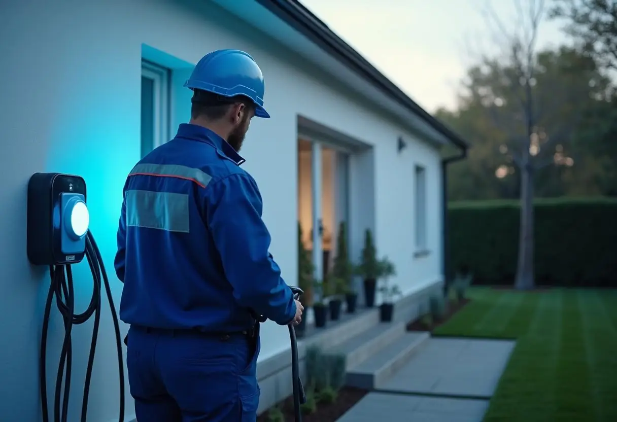 A person in a blue uniform and helmet is setting up an EV charging point outside a modern house. The scene unfolds in a garden with a neatly trimmed lawn and potted plants by the entrance steps, reflecting a seamless blend of technology and nature.