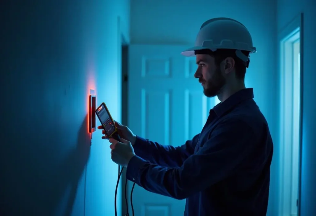 A person wearing a hard hat uses a multimeter to test an electrical outlet on a wall in a dimly lit room. The light from the screen illuminates their face, and a partially open door is visible in the background.