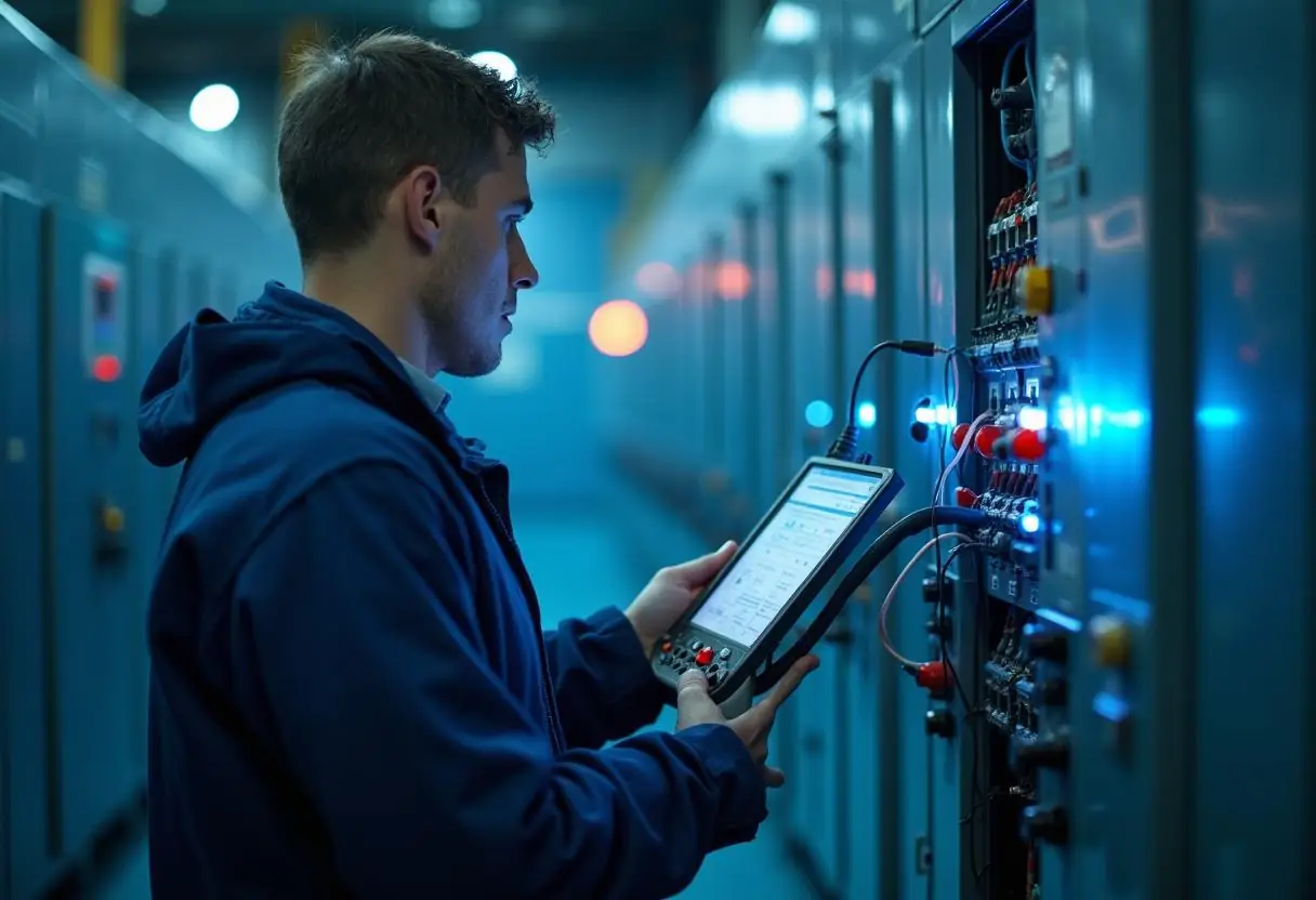 In a dimly lit server room, a NICEIC-qualified individual in a blue hoodie uses a tablet to check controls. Blue and red lights illuminate the control panels, enhancing the high-tech ambiance.