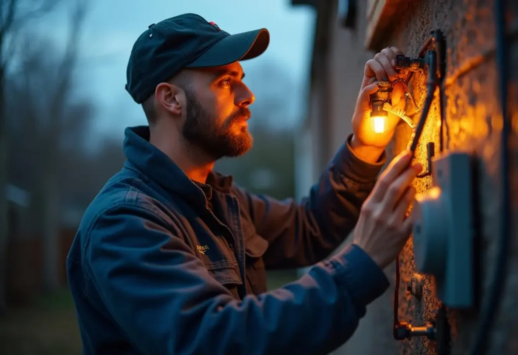 About Us 18 A man wearing a cap and jacket conducts electrical testing, carefully checking a meter on a building's exterior wall. He holds a small, glowing light, intently focused on his task. The blurred background suggests an outdoor setting at dusk.