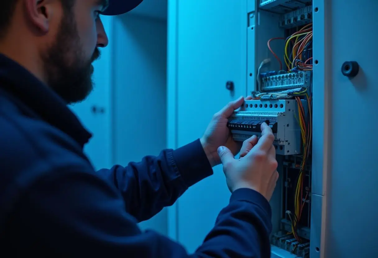 A person in a blue shirt and cap is meticulously engaged in electrical rewiring, adjusting the switches on an intricate electrical panel. Various colored wires are visible inside, illuminated by a cool blue light, accentuating the technical and industrial ambiance.
