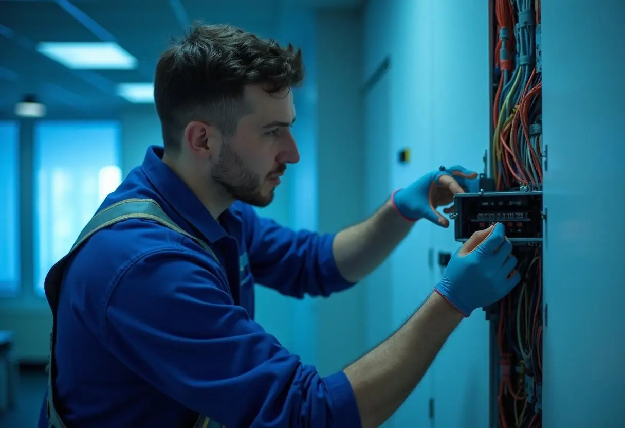 A technician wearing blue gloves and a blue uniform works on a control panel filled with multicolored wires. He is in a well-lit, modern industrial setting, focusing intently on adjusting components.