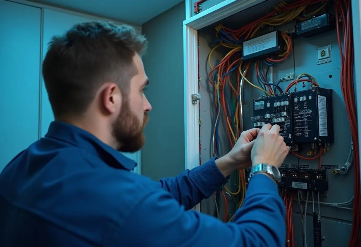 A person in a blue shirt meticulously conducts electrical testing on a control panel brimming with colorful wires. They expertly adjust connections inside the panel, bathed in a soft blue light that enhances the intricate scene.