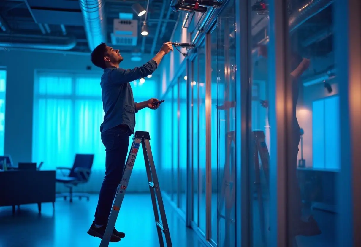 A person stands on a ladder, skillfully providing commercial electrical services by adjusting a light fixture on the ceiling of a modern office. The room's blue hue highlights the glass wall and sleek furniture, enhancing the high-tech, contemporary ambiance.