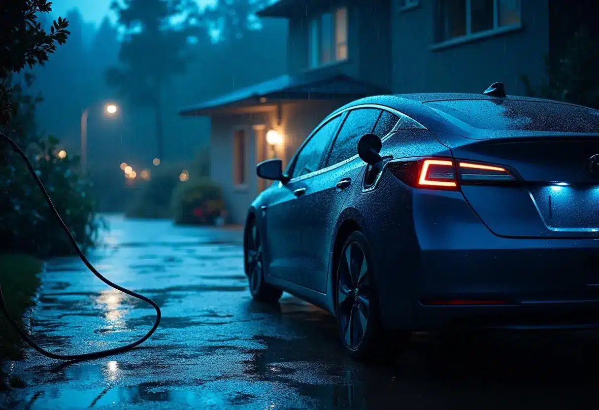 A blue electric car is parked in a driveway at night, plugged into a charging cable. The ground is wet, indicating recent rain, and soft light glows from a nearby house, reflecting on the car's surface.