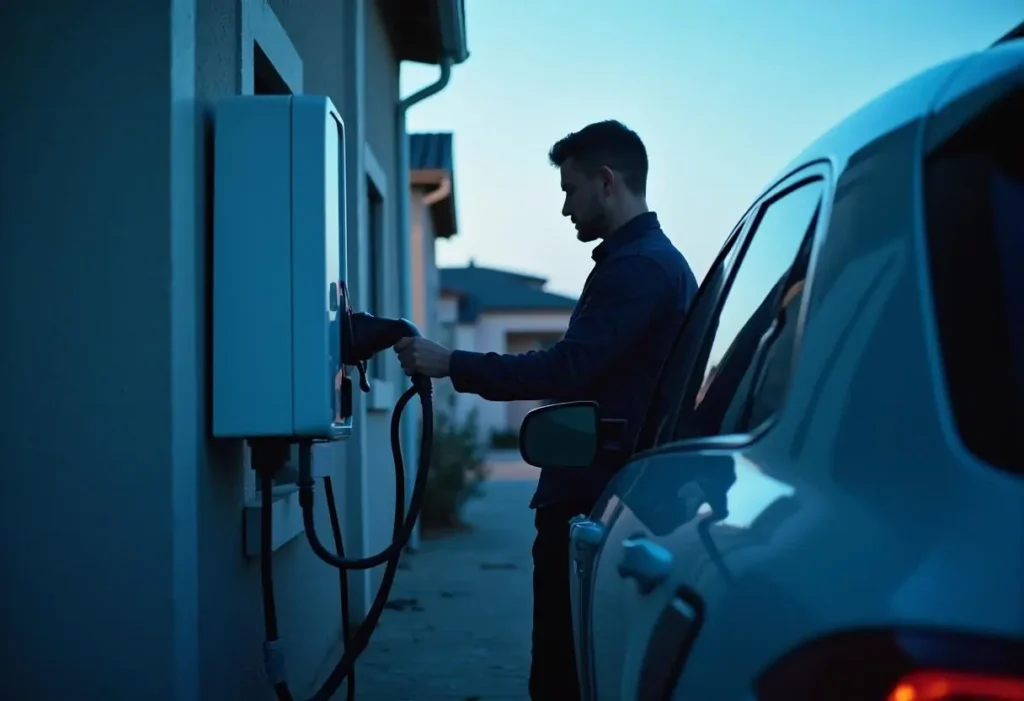 A person stands next to a car, plugging it into an electric charging station attached to a building. The scene is dimly lit, suggesting early morning or late evening. The person is silhouetted against the light.