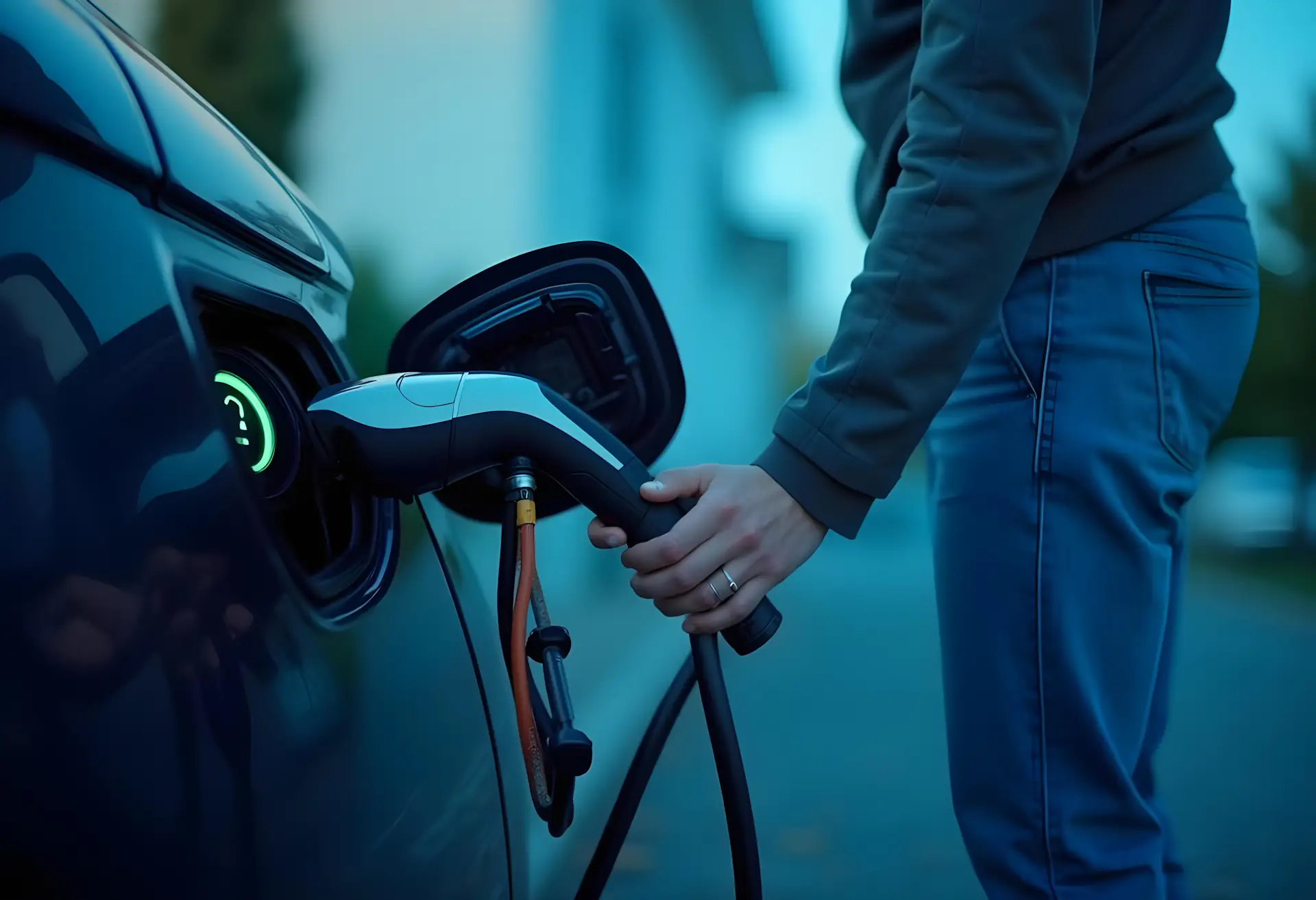 A person in jeans and a jacket is using an EV charger, holding the cable connector to the car's port. The surroundings blur into a bluish tint, adding an almost dreamlike quality to the scene as they power their electric vehicle.