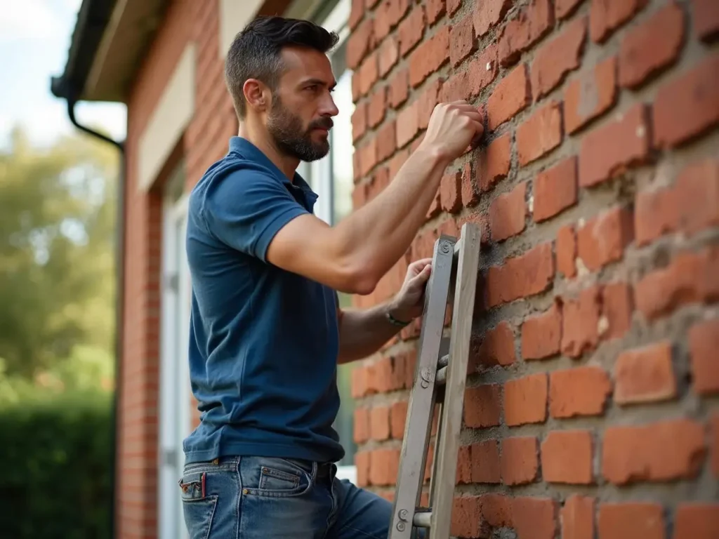A man in a blue polo shirt and jeans stands on a ladder, inspecting the brick wall of a house. He appears to be checking or repairing the wall's surface, with greenery visible in the background.