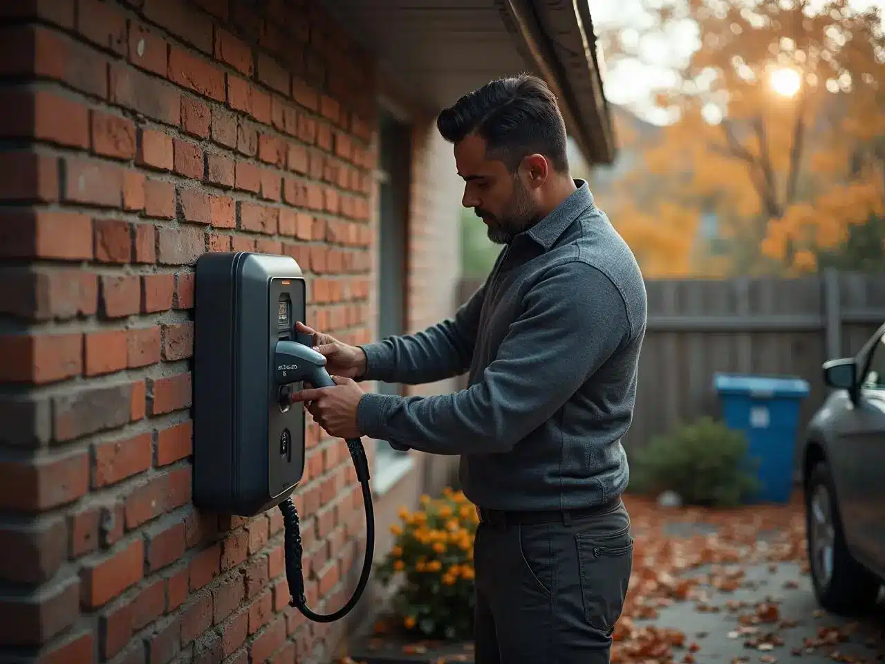 A man stands outside his home on a driveway, plugging a charging cable into an electric vehicle charging station attached to a brick wall. It's a clear autumn day, with orange leaves visible in the background—a perfect scene for an electrician in Bedford to appreciate sustainable living.