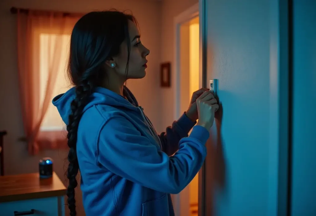 A woman with a long braid, wearing a blue hoodie, adjusts a thermostat on a wall in a dimly lit room with blue and warm orange lighting.