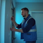 A man in a blue reflective vest uses a tool to inspect or repair a window inside a house, possibly as part of a security system installation, with light streaming in from outside.