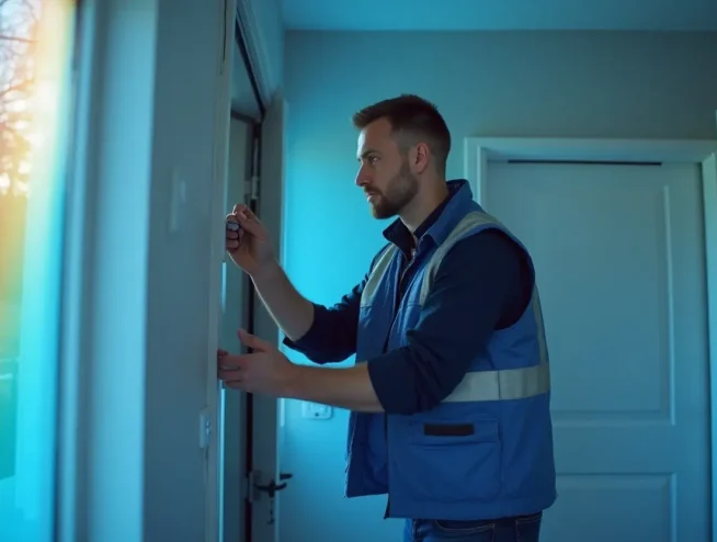 Security System Installation In Bedford 21 A man in a blue reflective vest uses a tool to inspect or repair a window inside a house, possibly as part of a security system installation, with light streaming in from outside.