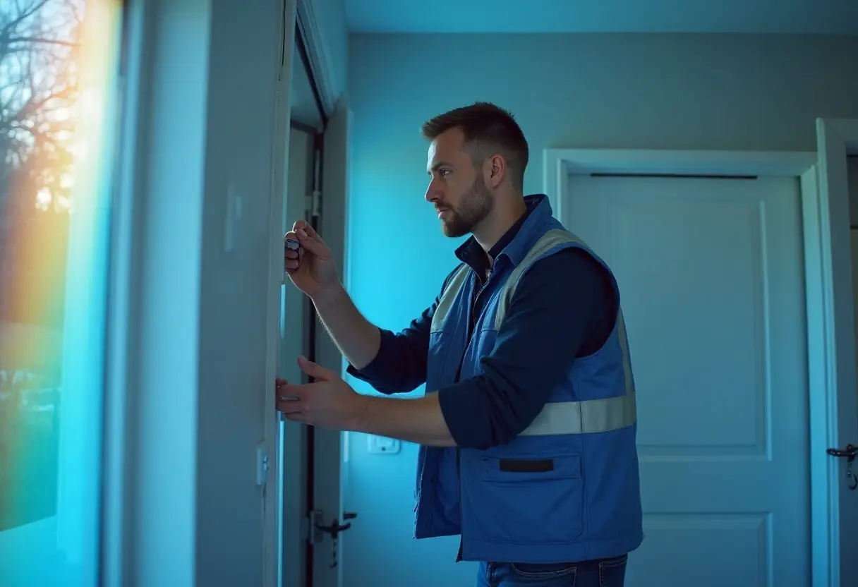 A man in a blue reflective vest uses a tool to inspect or repair a window inside a house, possibly as part of a security system installation, with light streaming in from outside.