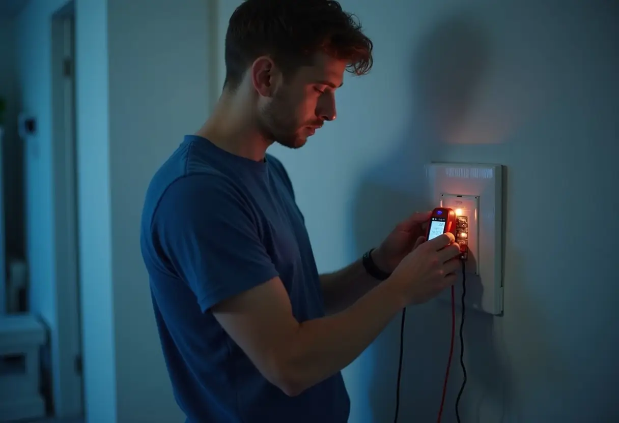A man in a blue shirt uses a digital multimeter for Landlords Electrical Testing, checking an electrical outlet on a wall in a dimly lit room. The device displays a red light, and he appears focused on the task.