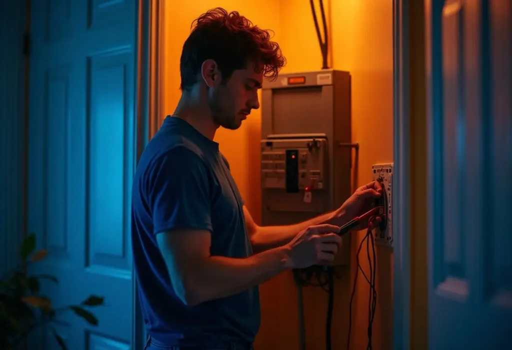 A man in a blue shirt stands in a dimly lit hallway, using tools to work on an electrical panel. Warm yellow light illuminates the area around the panel, contrasting with the cool blue light in the hallway.