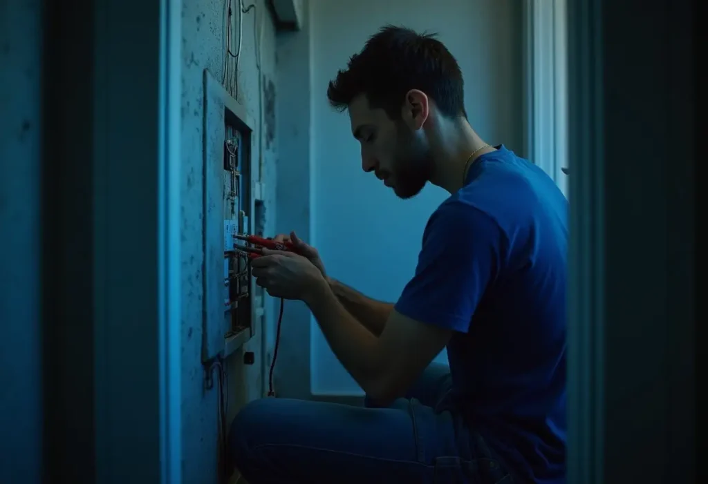 A person in a blue shirt kneels in front of an electrical panel, using tools to work on wiring in a dimly lit room.