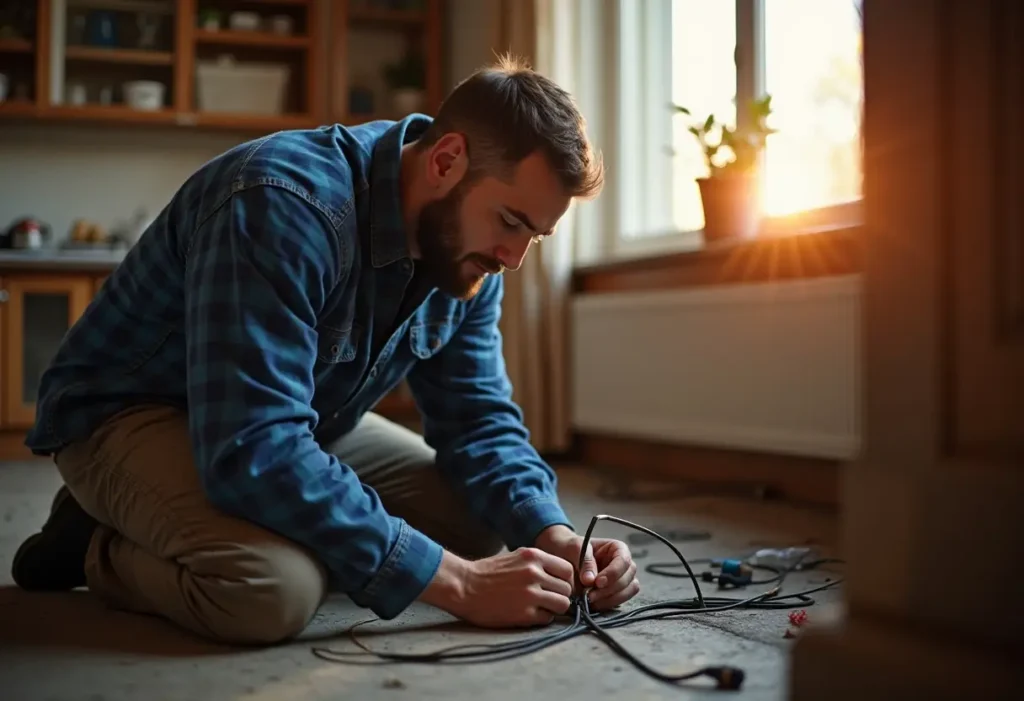 A man in a plaid shirt kneels on the floor by a window as he repairs electrical cables, with sunlight streaming into the cozy room.