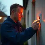 A man in a blue jacket stands outside a house at dusk, pressing a lit keypad on the wall—possibly fault finding or entering a code to unlock a security system, with houses and streetlights glowing in the background.