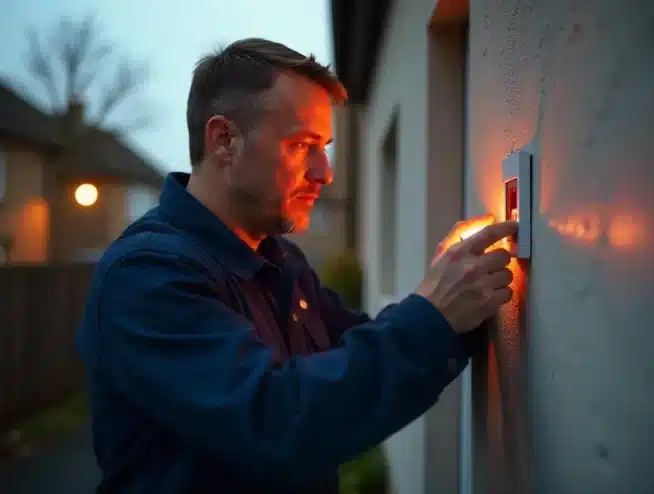 A man in a blue jacket stands outside a house at dusk, pressing a lit keypad on the wall—possibly fault finding or entering a code to unlock a security system, with houses and streetlights glowing in the background.