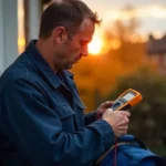 A man in a blue jacket uses a digital multimeter outdoors at sunset, possibly performing checks for an Electrical Test Certificate, with autumn trees and houses blurred in the background.
