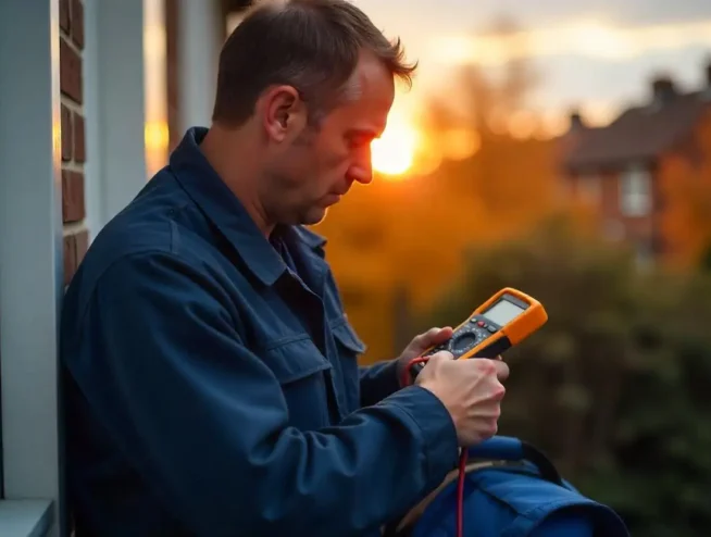 A man in a blue jacket uses a digital multimeter outdoors at sunset, possibly performing checks for an Electrical Test Certificate, with autumn trees and houses blurred in the background.
