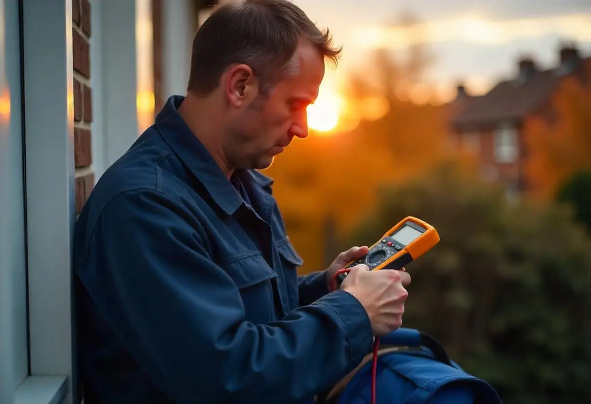 A man in a blue jacket uses a digital multimeter outdoors at sunset, possibly performing checks for an Electrical Test Certificate, with autumn trees and houses blurred in the background.