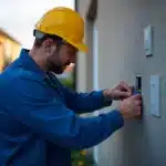 A person wearing a yellow hard hat and blue work clothes uses a screwdriver to fix or install an outdoor electrical outlet on the wall of a building, ensuring proper security for exterior power connections.