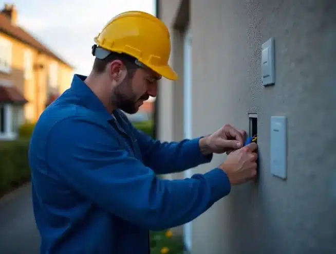 A person wearing a yellow hard hat and blue work clothes uses a screwdriver to fix or install an outdoor electrical outlet on the wall of a building, ensuring proper security for exterior power connections.