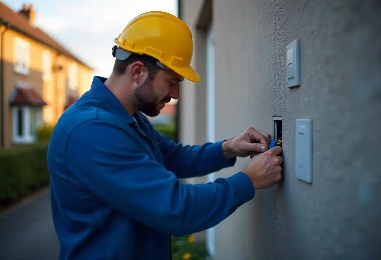 A person wearing a yellow hard hat and blue work clothes uses a screwdriver to fix or install an outdoor electrical outlet on the wall of a building, ensuring proper security for exterior power connections.