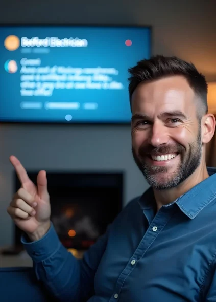 Great Reviews A bearded man smiles while sitting on a couch, pointing at a TV screen. The room's dim lighting sets a cozy tone, recalling evenings in Bedford when an electrician ensures everything hums perfectly. The TV displays some text, but it's out of focus.