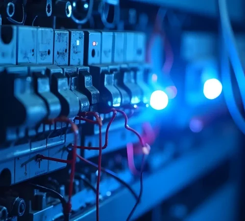 Close-up of a dimly lit server rack with several switches and tangled red wires. Blue LED lights create an ambient glow, highlighting the electronic components and connections within the rack.